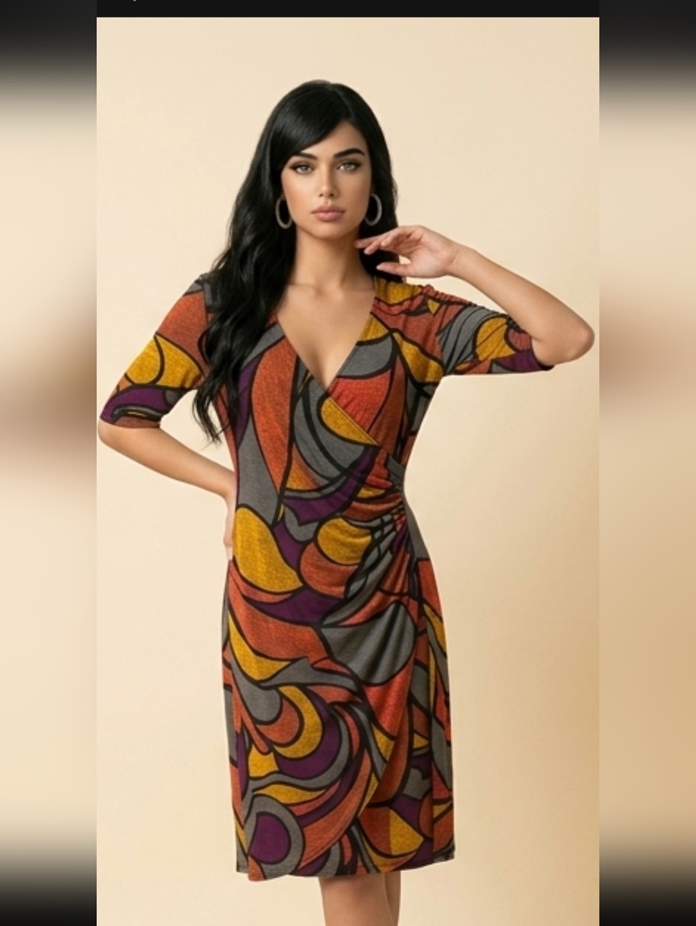 JBS Women's Size M Faux Wrap Dress Multicolor Abstract Print Short Sleeve Jersey